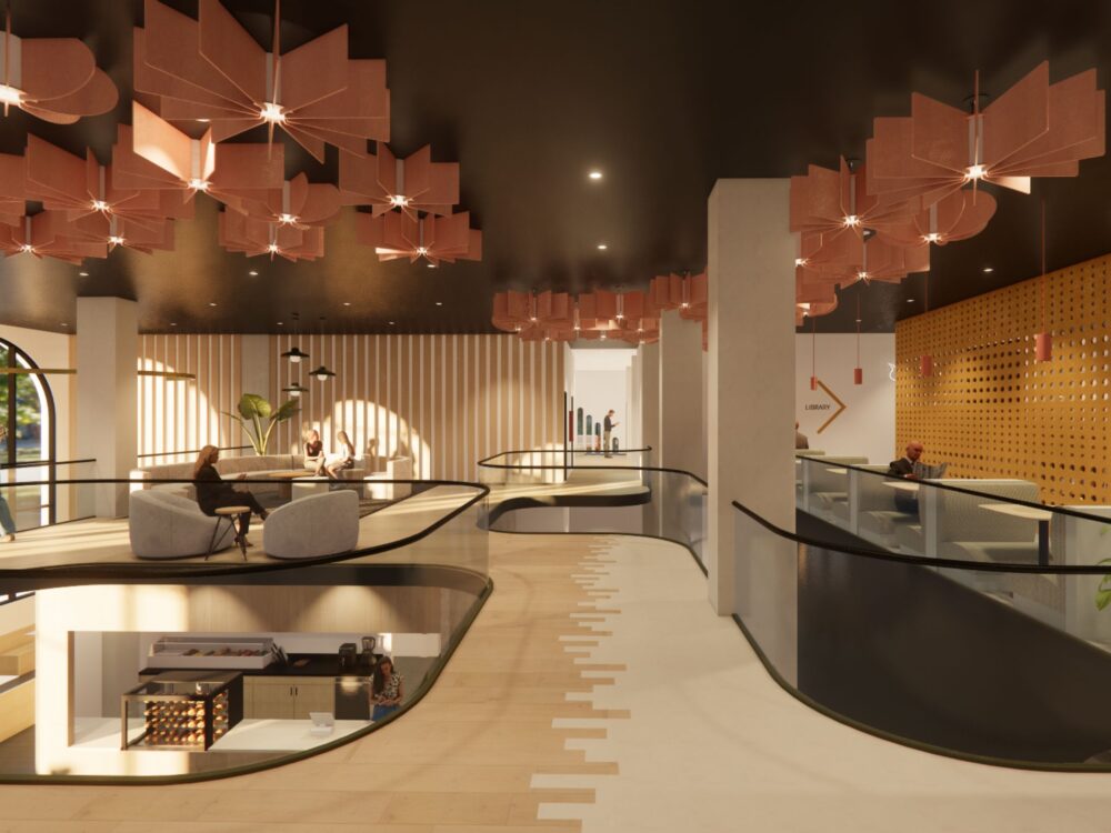 digital rendering of second floor work space with intricate lighting by Bailey Cook