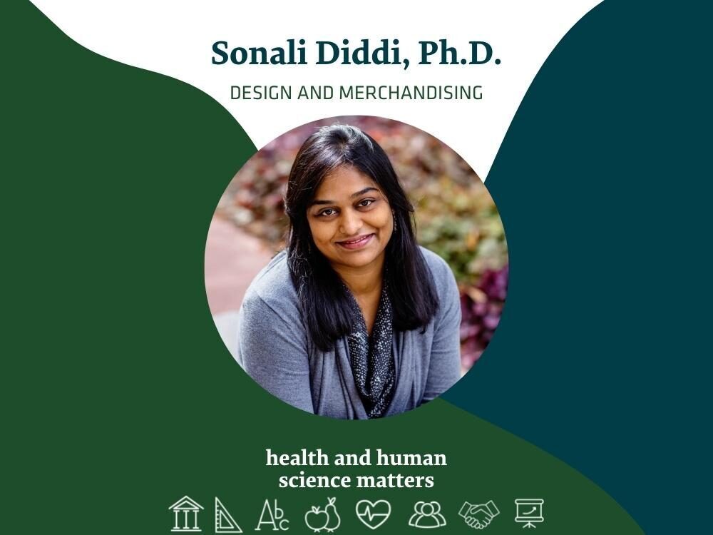 Graphic for health and human science matters podcast with Sonali Diddi, Ph.D. Design and Merchandising