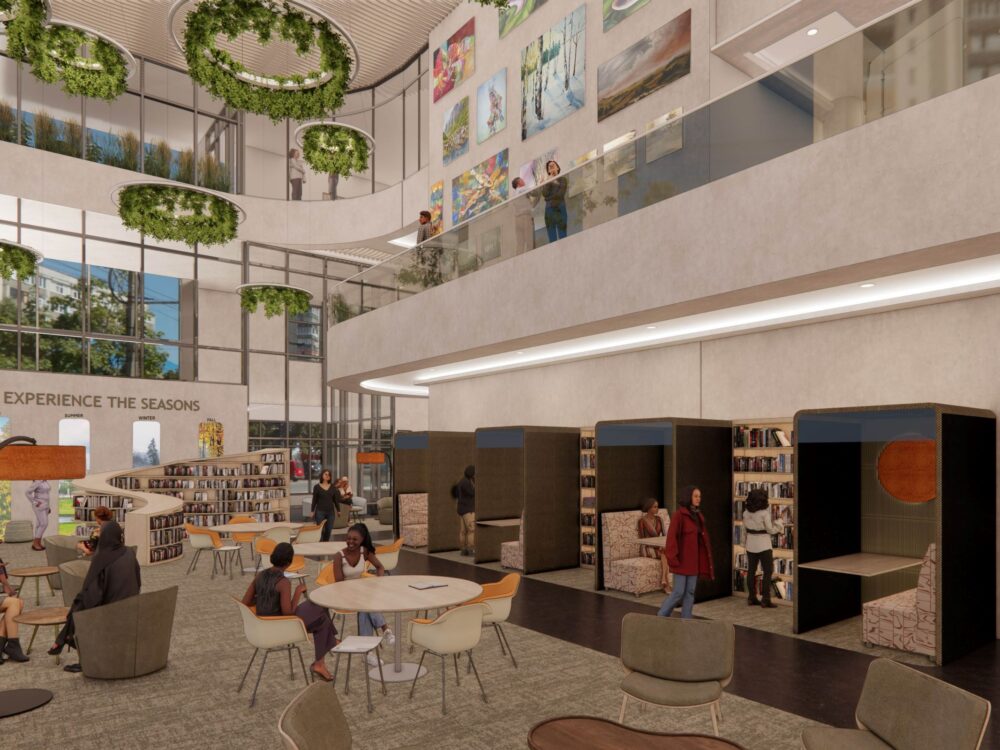 digital rendering of a work space with are on the walls on the second floor and a curved bookshelf