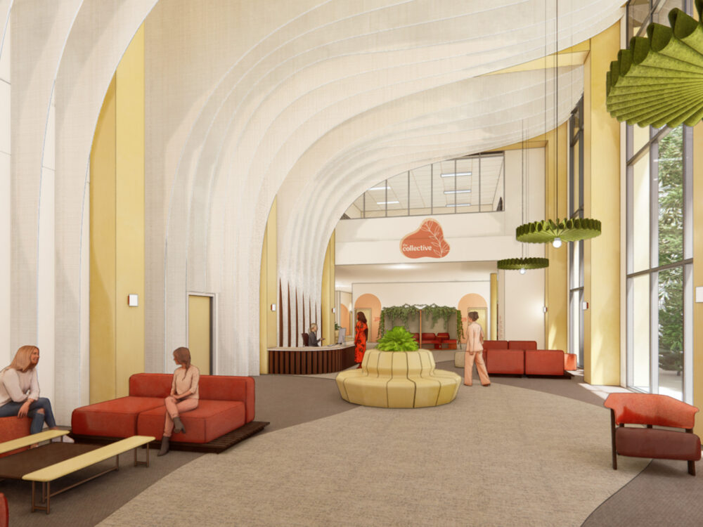 Bright two‑story lounge with sweeping white fabric‑like ceiling forms, colorful seating, tall windows, and a central circular planter anchoring the space.