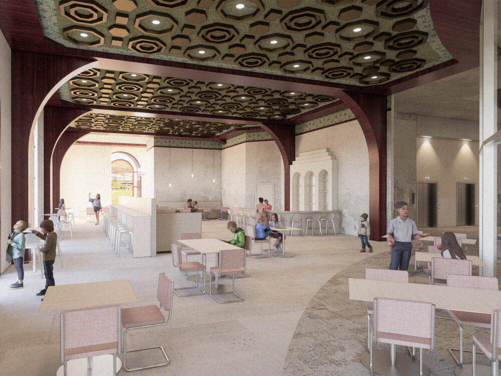 A large dining hall with arched openings, patterned ceilings, pale stone flooring, and various seating areas arranged for families and groups.