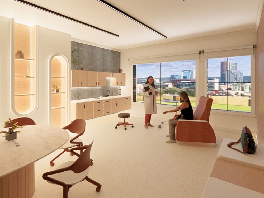 A modern clinic‑style room featuring built‑in shelving, wood cabinetry, a seating area, and large windows overlooking a city skyline as a provider interacts with a patient.