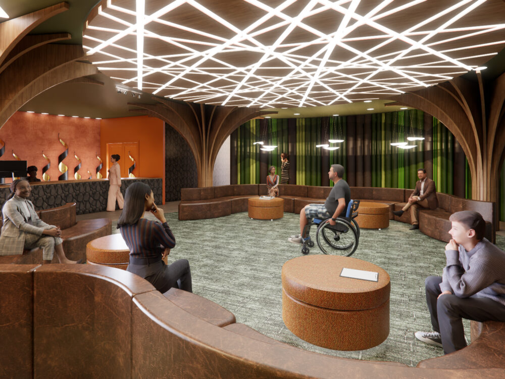 A modern group therapy or gathering space featuring circular seating, geometric ceiling lighting, wood accents, and rich green drapery along the perimeter.