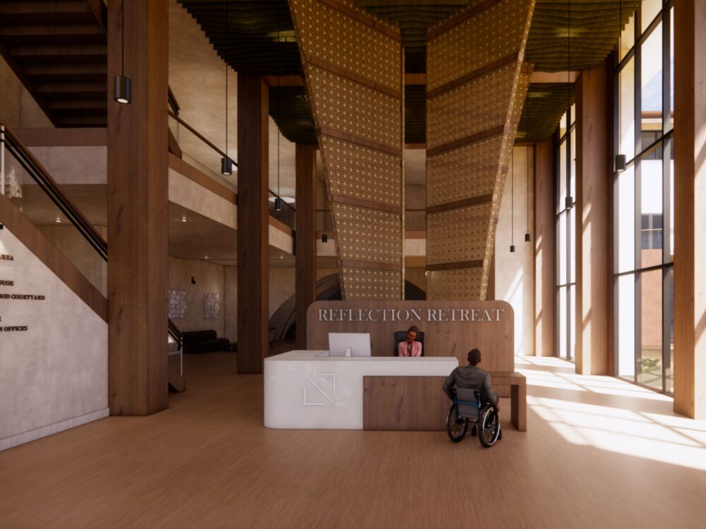 A warm, wood‑toned retreat lobby featuring a sculptural woven canopy above the reception desk labeled “REFLECTION RETREAT,” with tall windows and layered architectural beams.