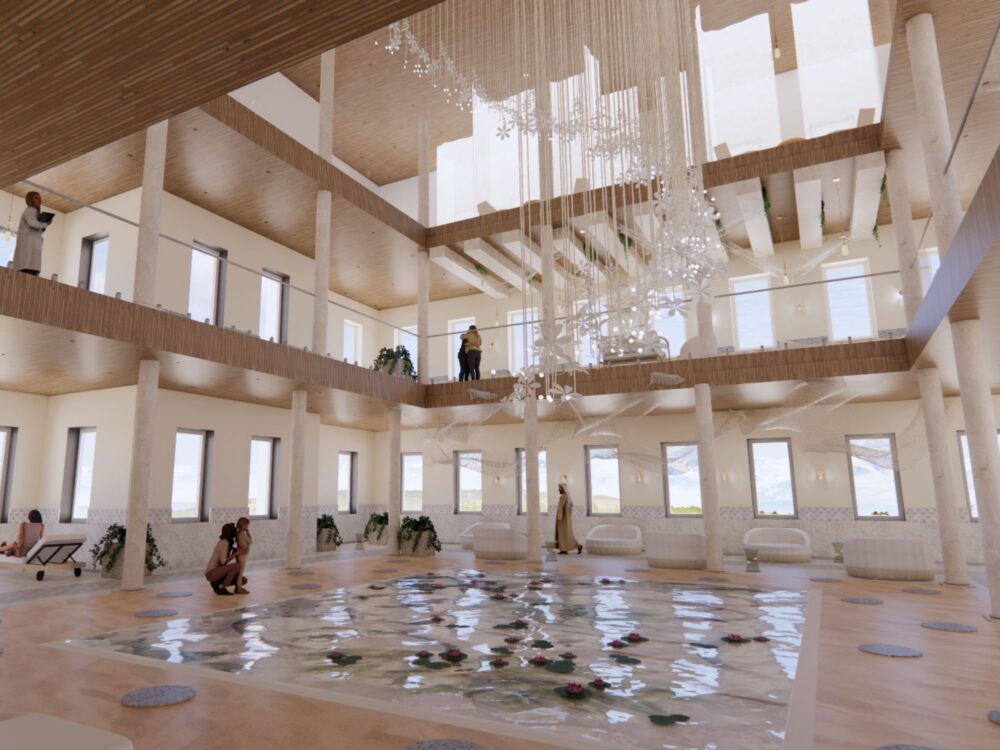 A serene multi‑story spa atrium featuring a central shallow pool with floating flowers, sculptural lighting cascading from above, and lounge seating arranged around the water.