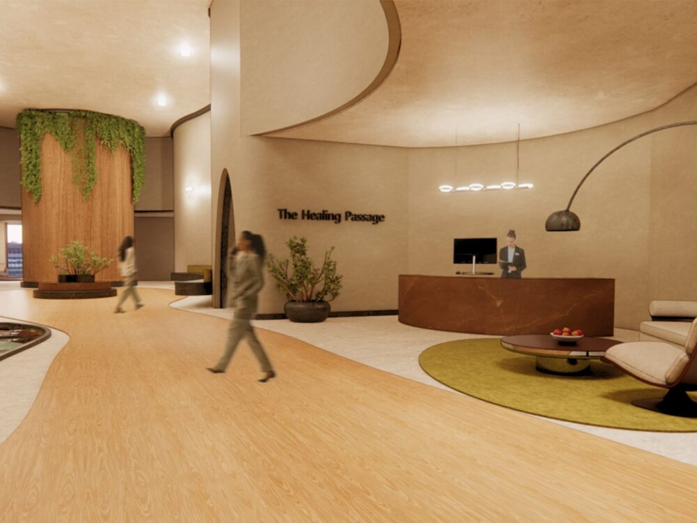 A curved, softly lit wellness lobby called “The Healing Passage,” with organic wall forms, greenery, a reception desk, and flowing wood-toned pathways.