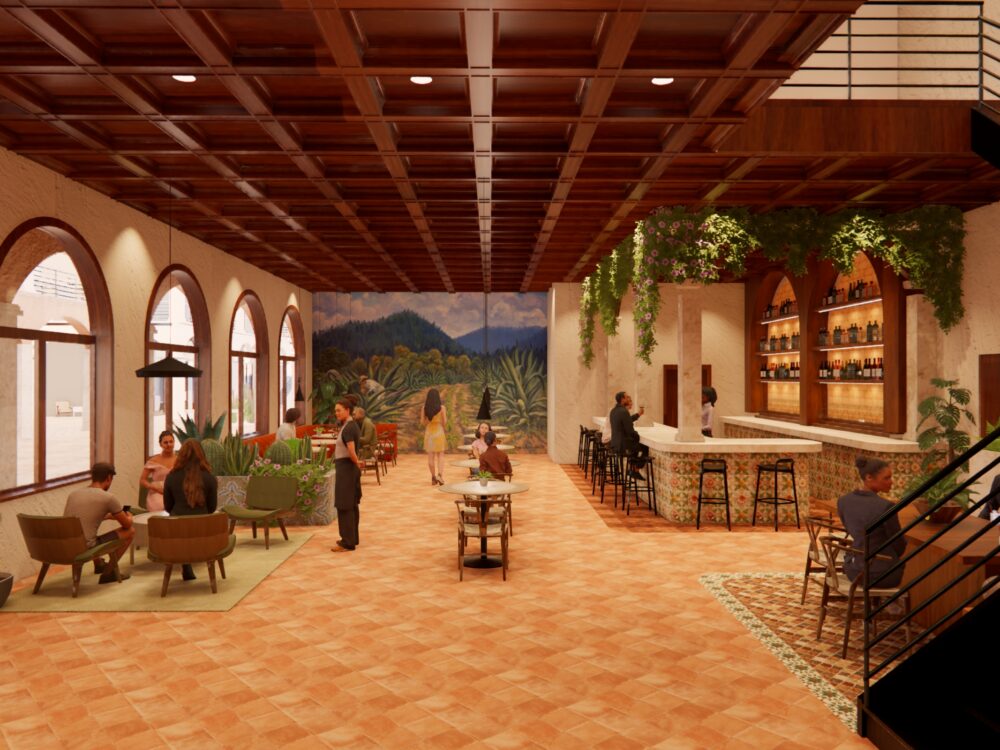A warm, tile‑floored lounge and bar with arched windows, greenery-draped shelving, a mural of agave fields, and multiple seating areas for gathering.