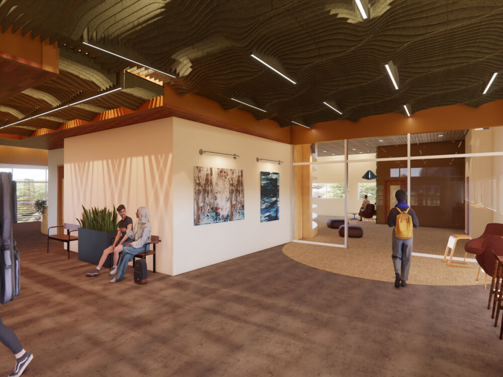 A bright student services or clinic lobby with sculpted acoustic ceiling panels, lounge seating, wall art, and glass-walled rooms for meetings or consultations.