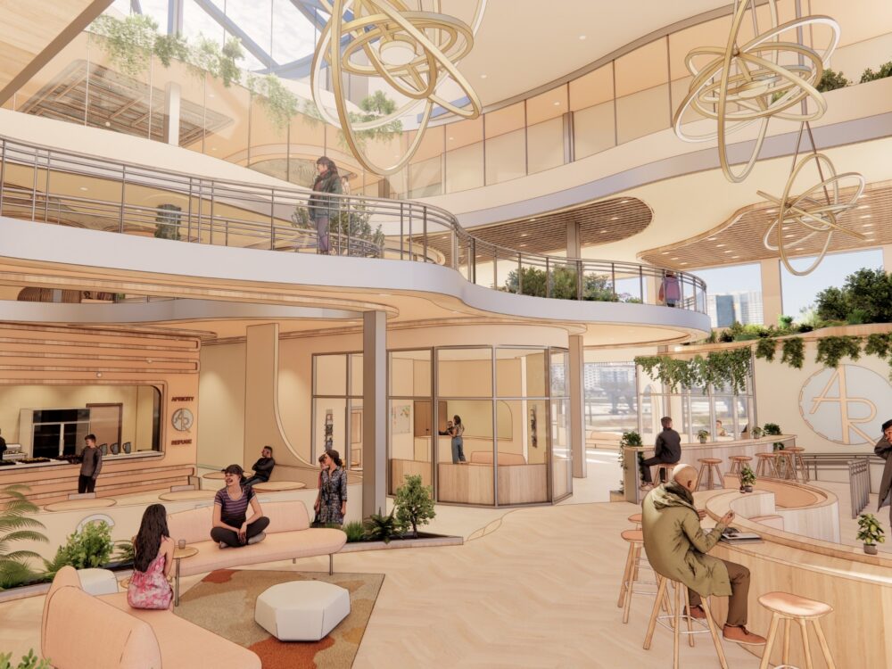 A bright, airy multi‑level community center with curved balconies, sculptural golden light fixtures, hanging greenery, and flexible seating throughout.
