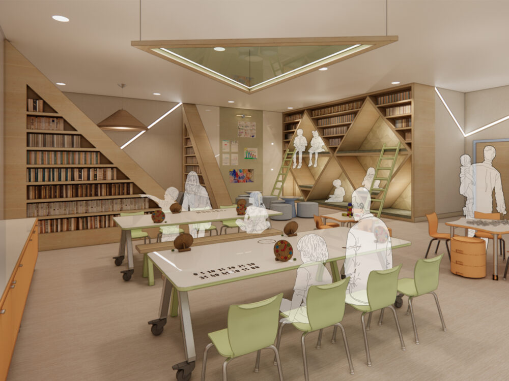A modern classroom with geometric shelving, rolling tables, children’s artwork, and soft neutral lighting designed for flexible learning and play.