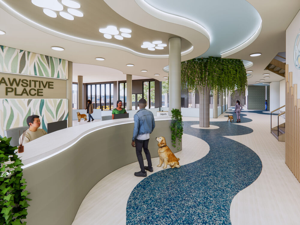 A curved veterinary lobby called “PAWSITIVE PLACE,” featuring a flowing blue patterned floor, plant installations, and multiple check‑in stations with pets and their owners.