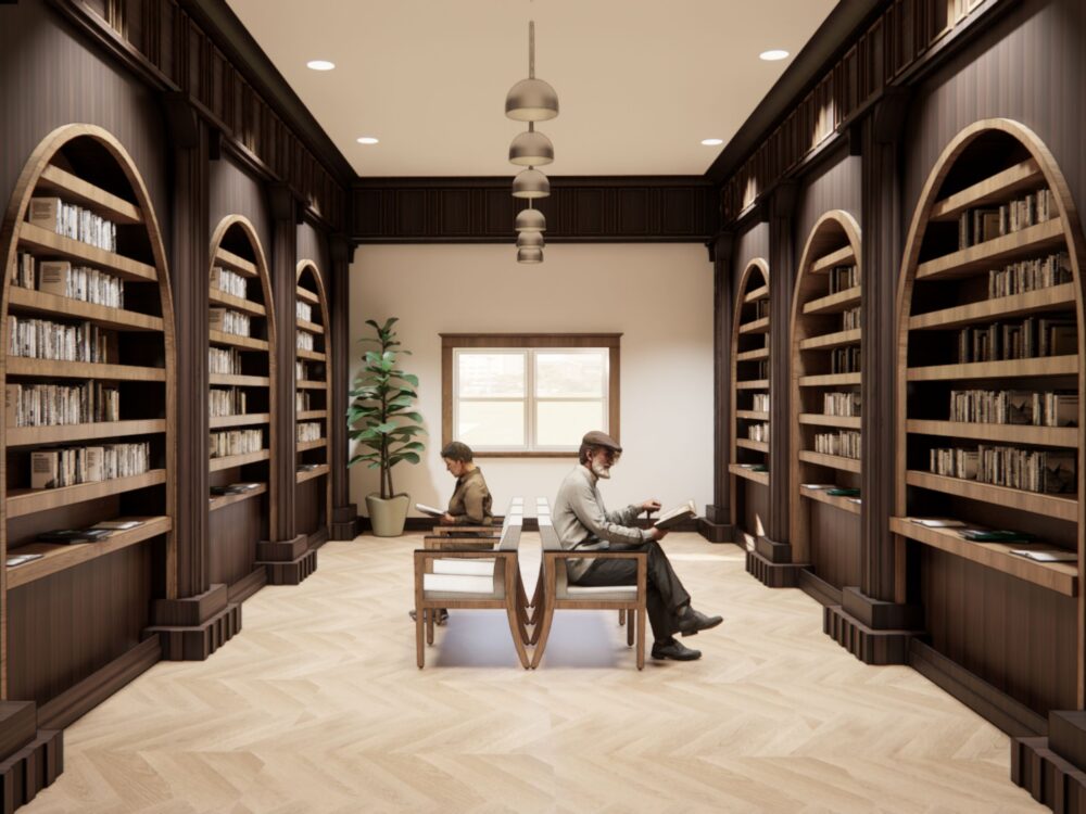 A quiet, wood‑paneled reading room with arched bookcases, herringbone floors, pendant lighting, and bench seating facing a central window.