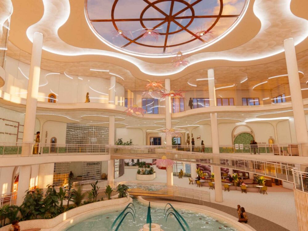 A glowing three‑story wellness atrium with a domed skylight, curving balconies, hanging floral‑inspired fixtures, abundant seating, and a central water feature.
