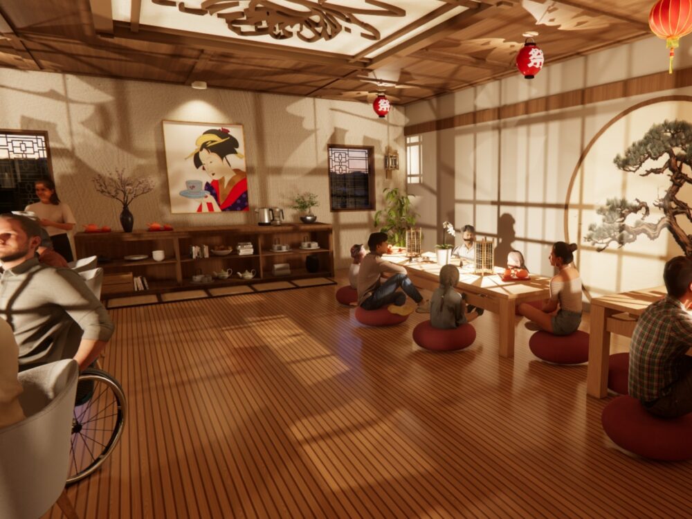 A warm tea room with tatami‑inspired flooring, low tables, lantern lighting, wall art, and people seated on floor cushions enjoying a traditional-style setting.