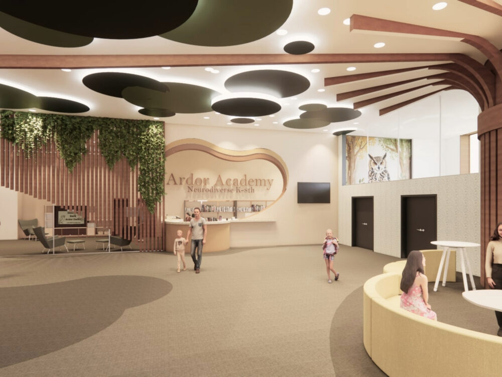 A playful school lobby for “Ardor Academy” featuring curved ceiling clouds, hanging greenery, a wavy reception desk, and children interacting throughout the open space.