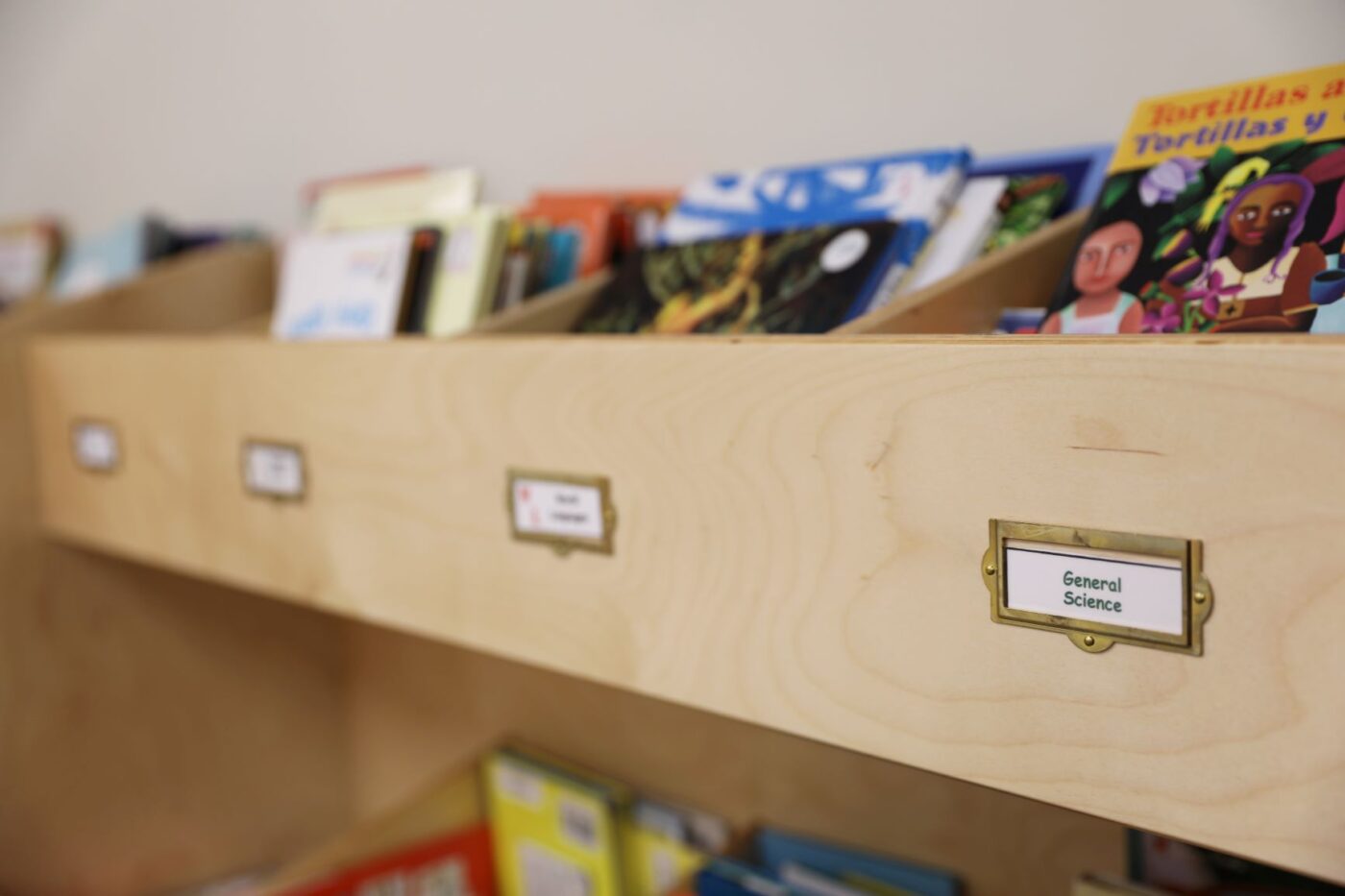 Close-up of wooden labeled wooden shelves with children's books