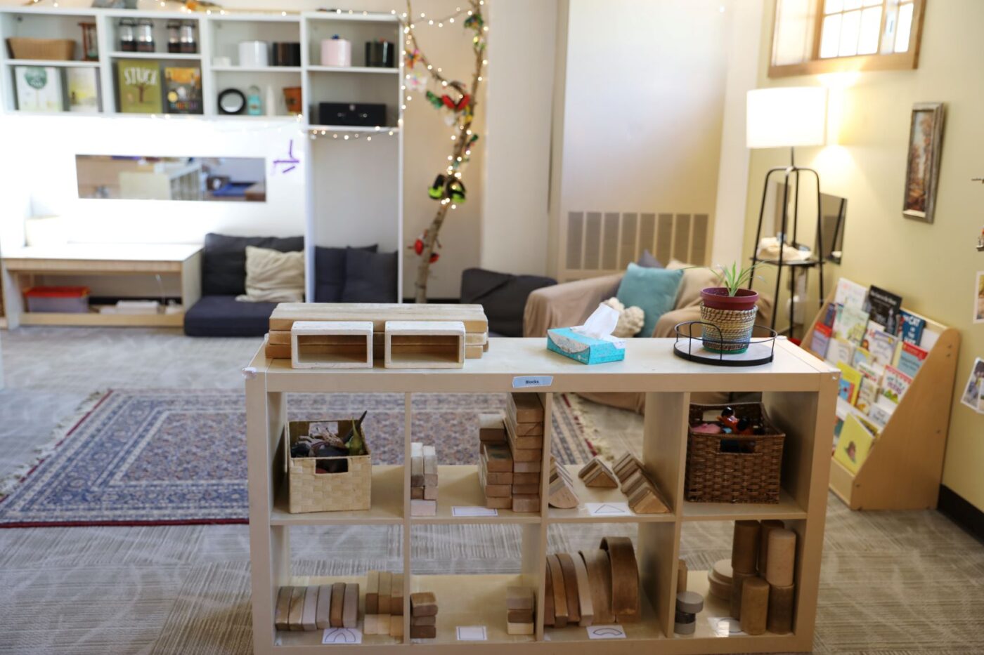 ECC classroom wooden shelf with wooden play blocks