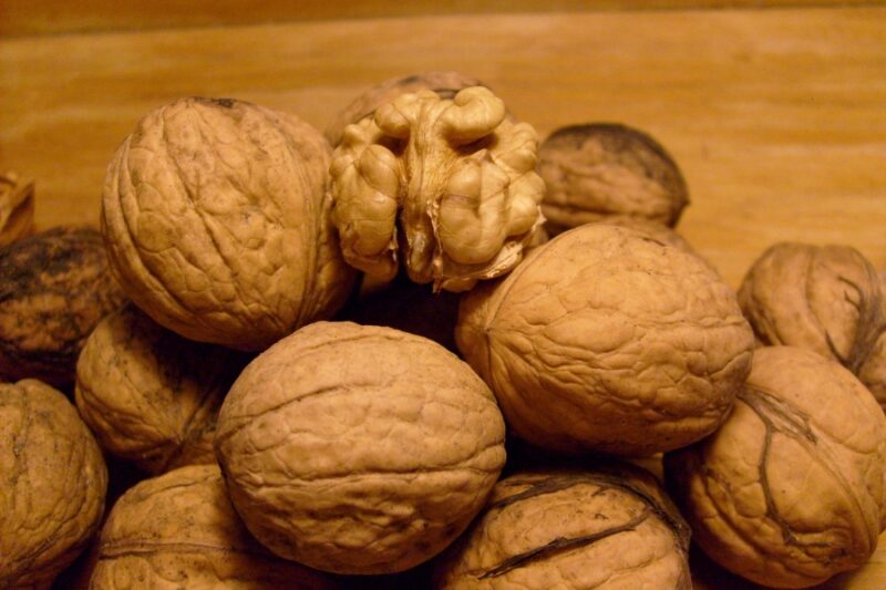 A zoomed-in photo of uncracked walnuts on a wooden table.