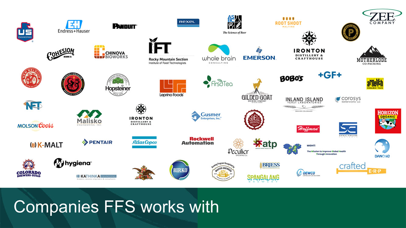 A graphic with all of the company logos that Fermentation and Food Science works with. Company names are listed directly below the photo as well.