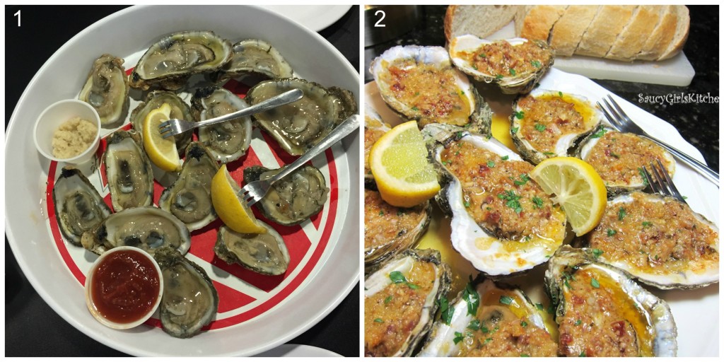 A collage of two images: 1) Raw oysters on the half shell. 2) Baked stuffed oysters on the half shell.