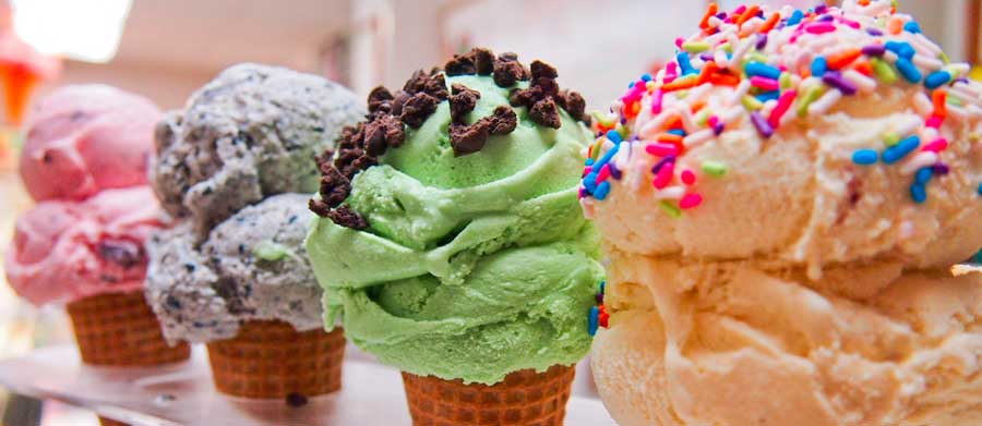 Ice cream cones with ice cream scoops