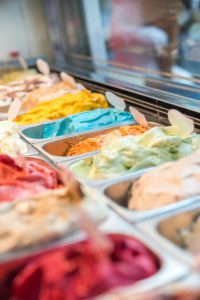 Flavors of ice cream at an ice cream counter