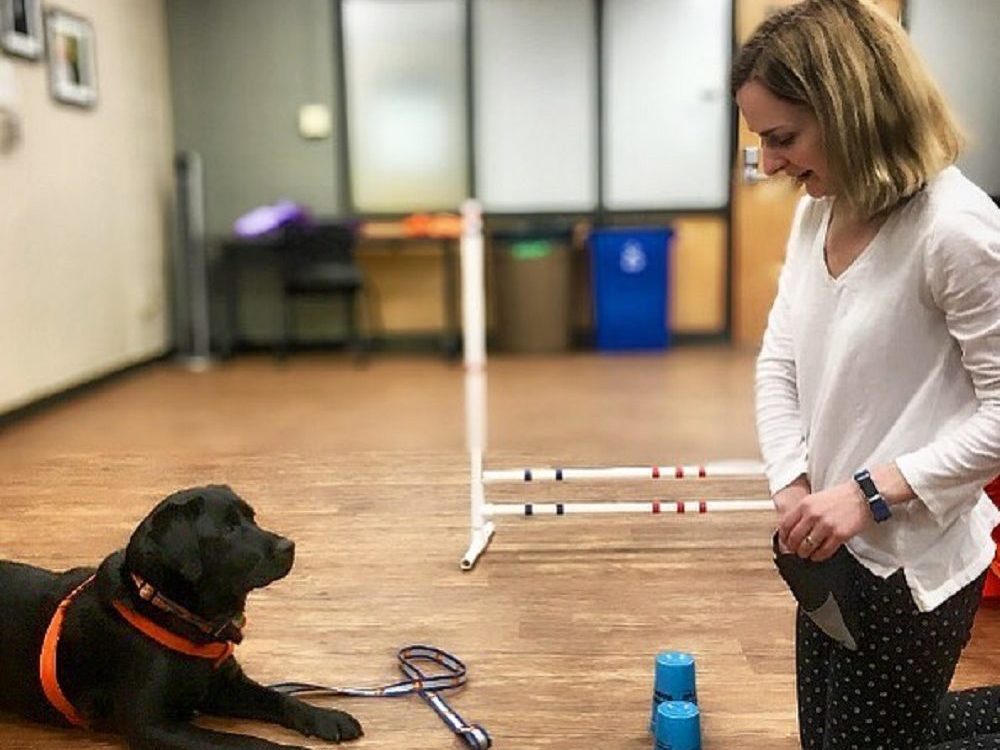 a young woman demonstrates one of the cues used in training a HABIC therapy dog for human-animal bond work