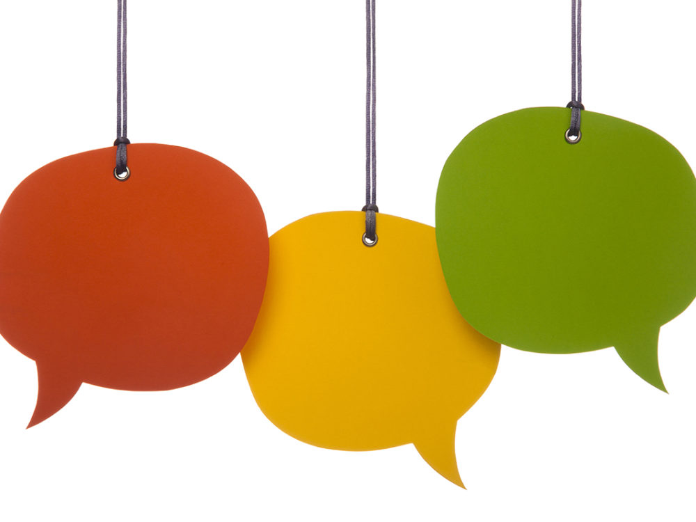 Hanging Speech Bubbles, red, yellow, and green