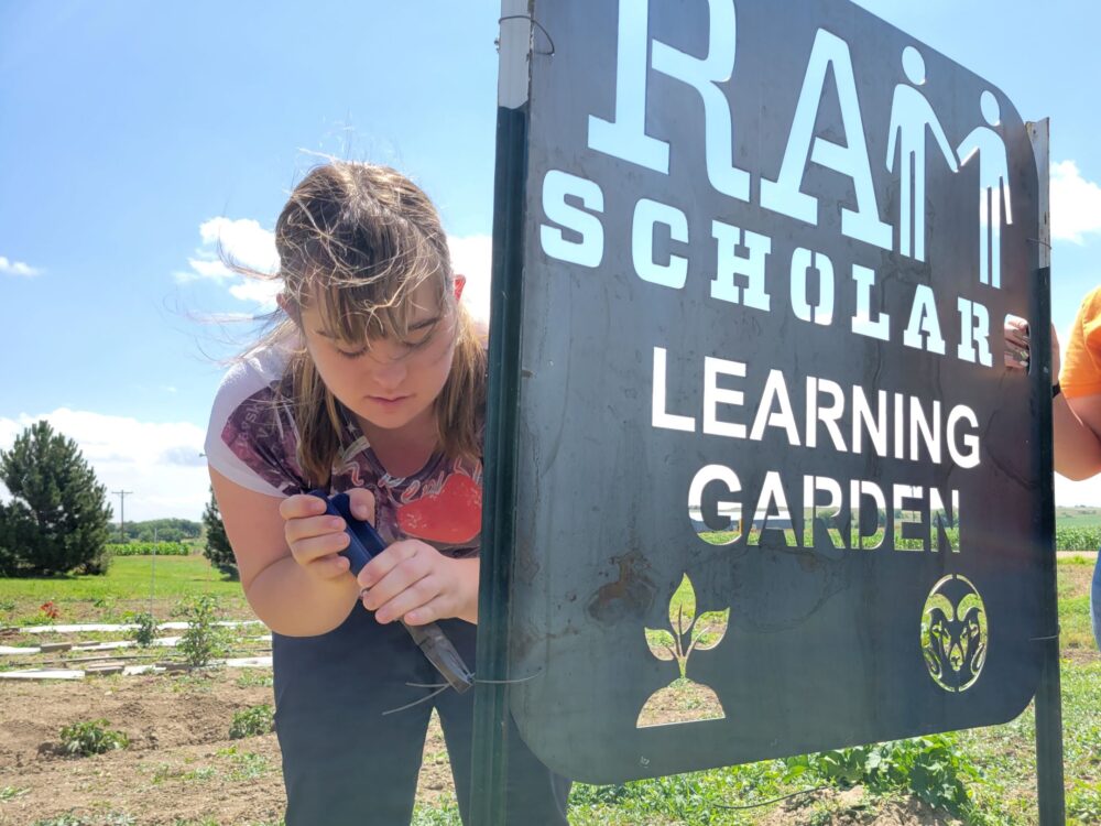 Girl works on standing up large metal sign that reads `RAM Scholars Learning Garden`
