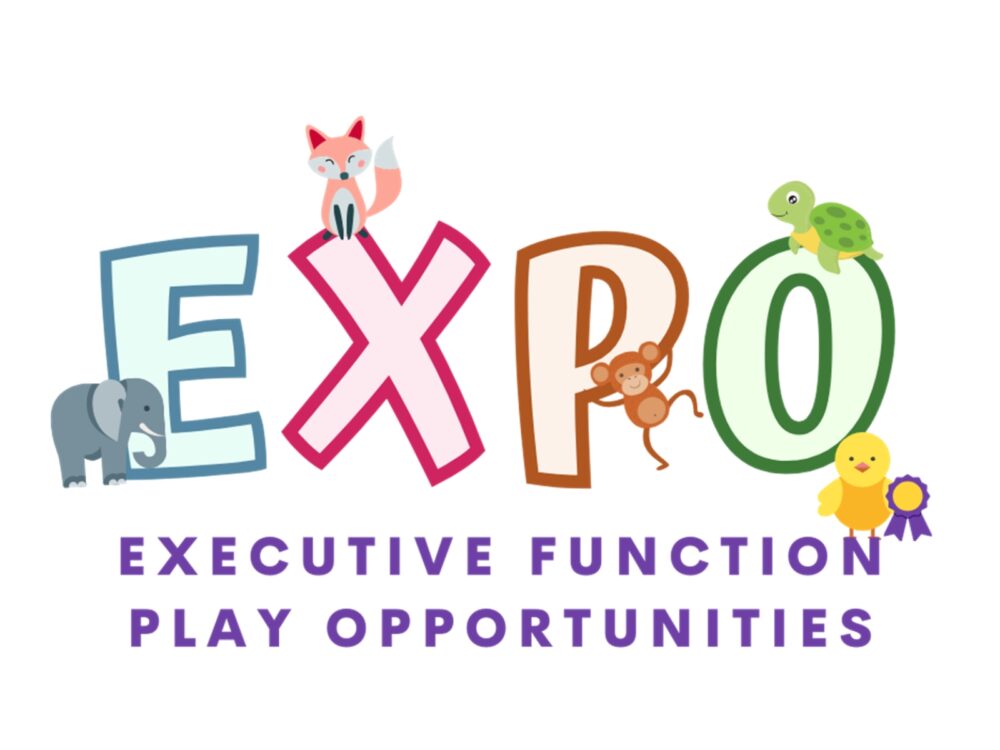 A graphic that reads Executive Function Play Opportunities, with the letters `EXPO` and illustrated animals.