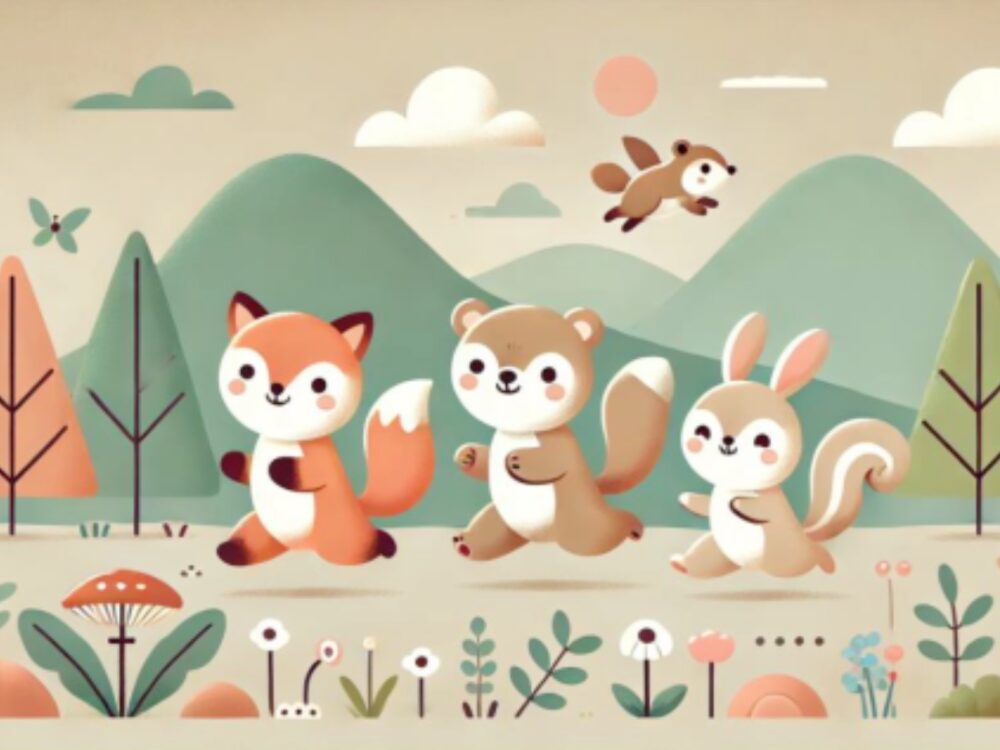 A graphic featuring four, cute, illustrated animals running in a meadow.