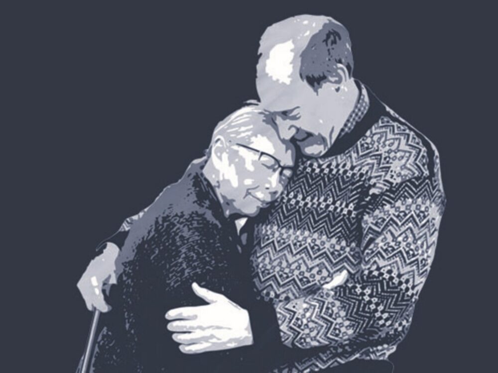 An illustrated graphic of an elderly couple smiling while holding each other.