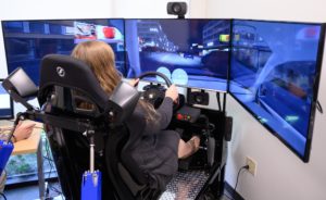Sarah Ross in the driving simulator