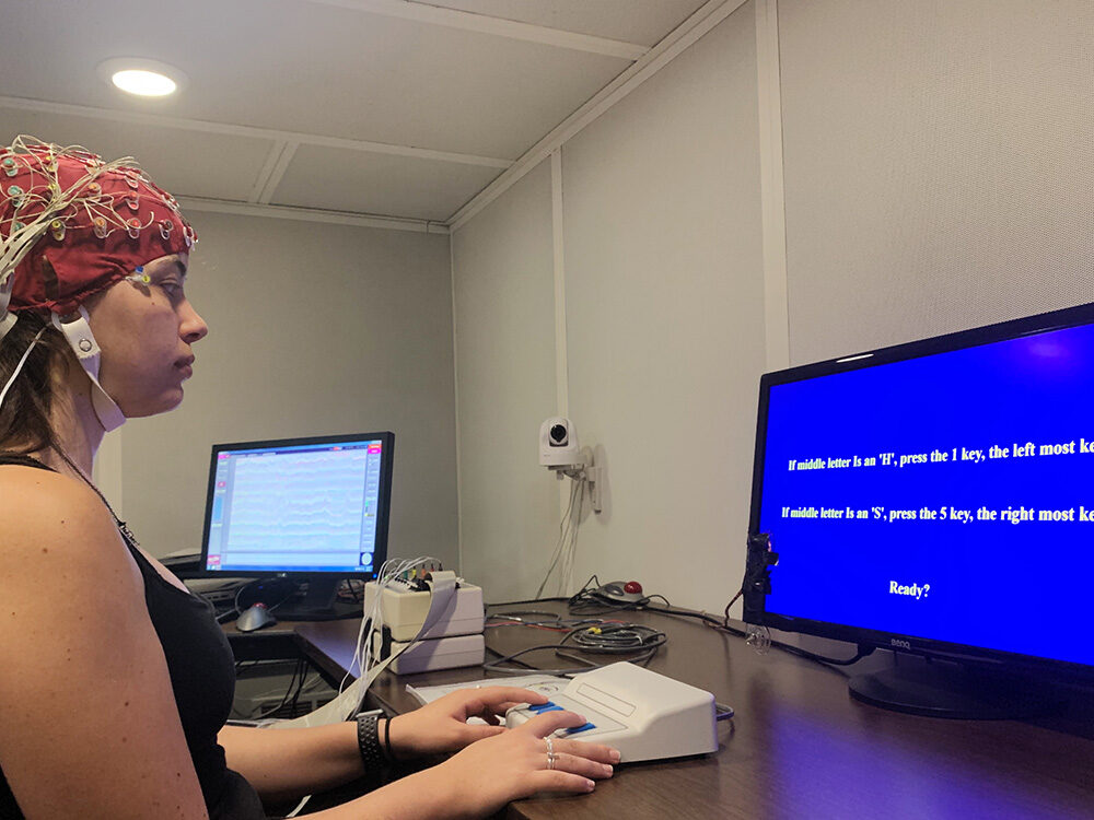 Participant sitting in the eeg lab in front of computer
