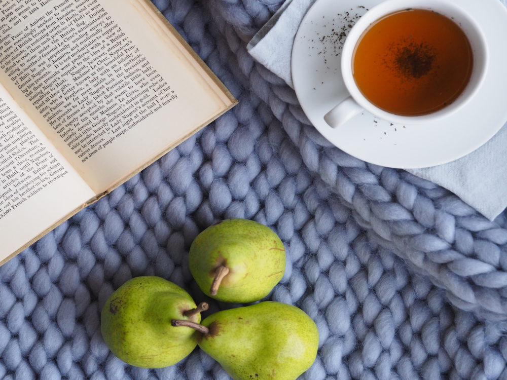 book, pears, and tea