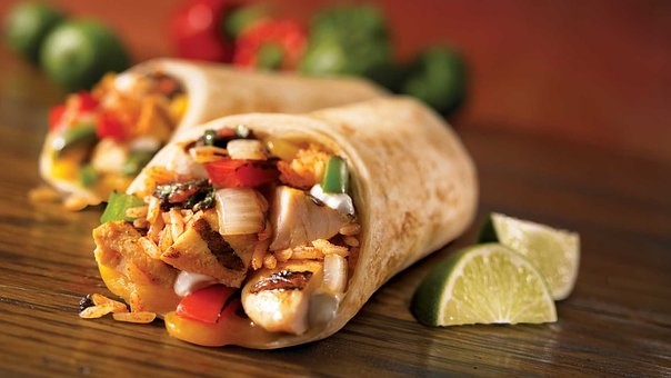 Grilled Chicken Burrito with rice, beans, and vegetables