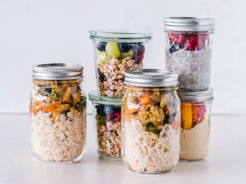 meal prep ingredients in glass jars