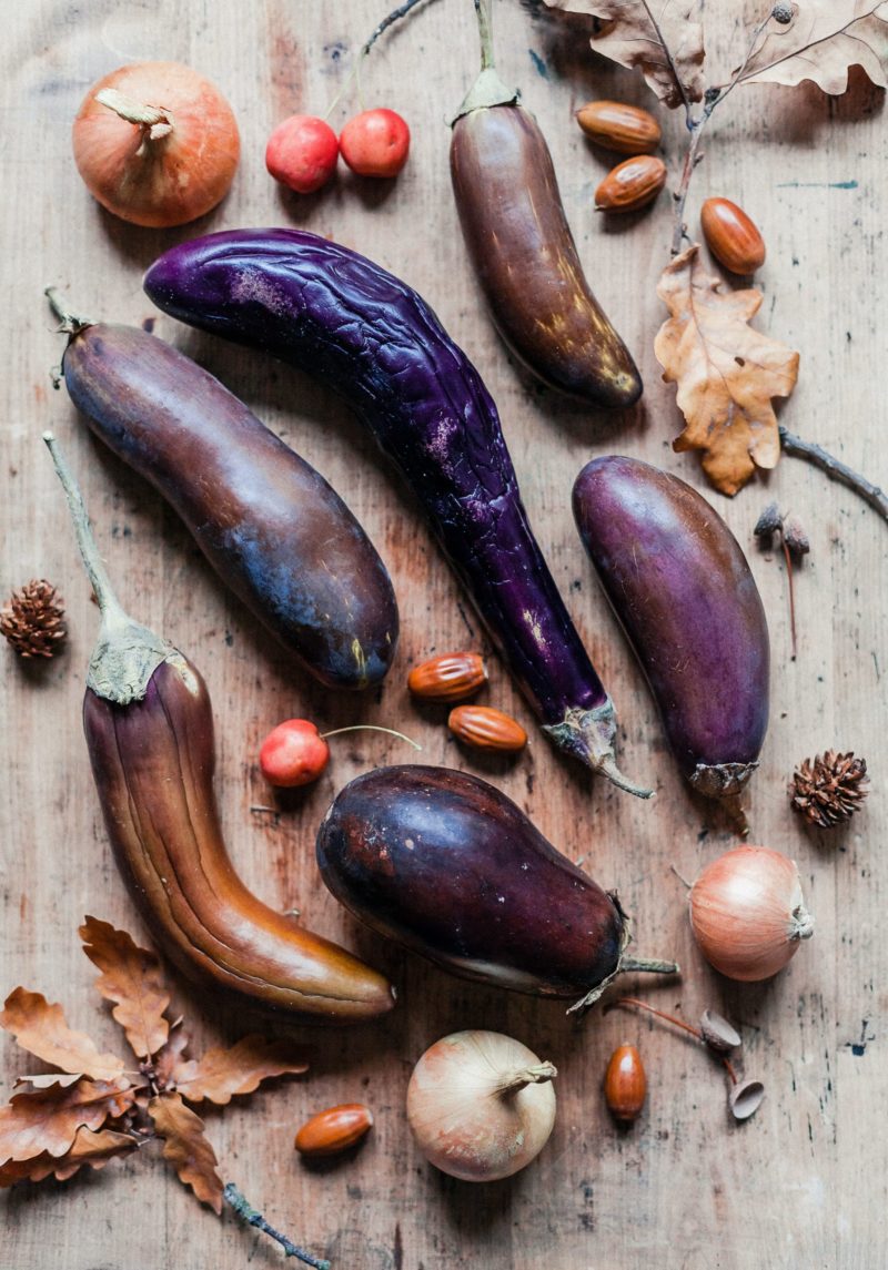 Various eggplant, nuts and leaves