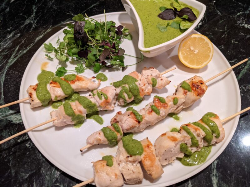 chicken skewers with chimichurri sauce
