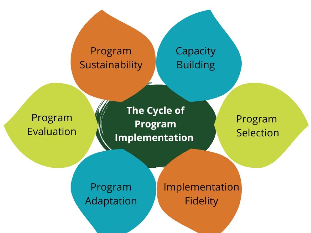 A flower-shaped diagram titled The Cycle of Program Implementation. This includes Capacity Building, Program Selection, Implementation Fidelity, Program Adaptation, Program Evaluation, and Program Sustainability