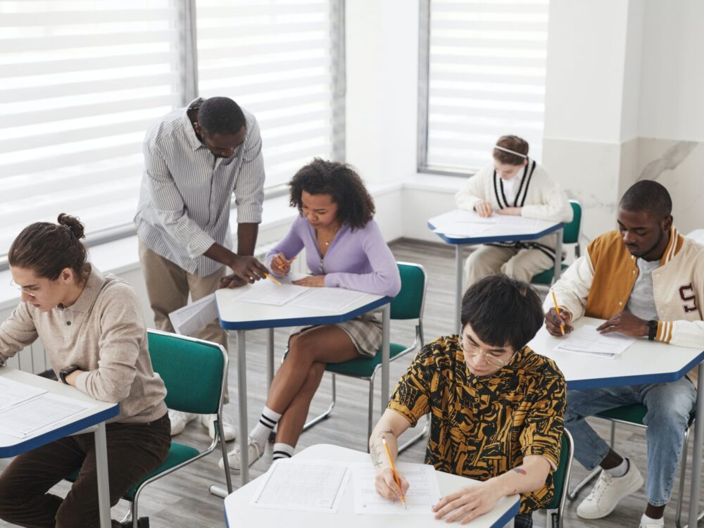 High school students learning in a classroom