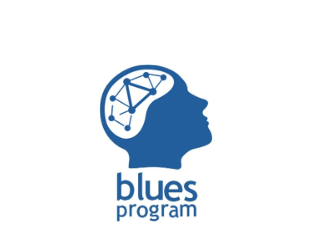blues program logo: blue head of person with activity in brain.