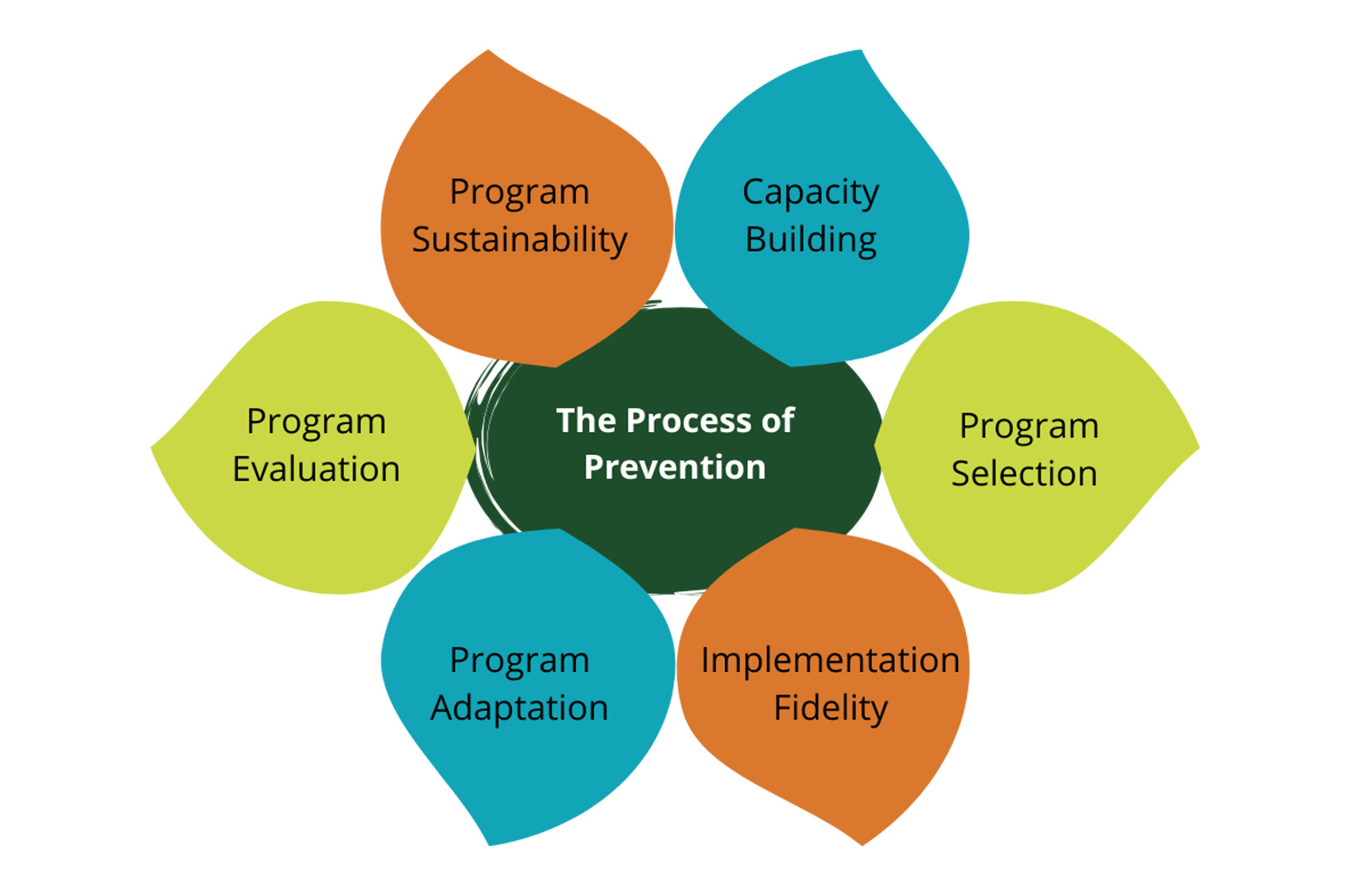 The Process of Prevention includes the following program evaluation, program sustainability, capacity building, program selection, implementation fidelity, and program adaptation