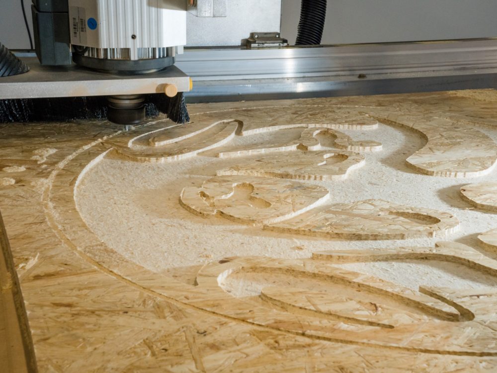 A wooden Rams head that made with CNC router in the Wood Lab