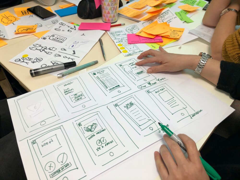 Student drawings and notes during a design thinking workshop