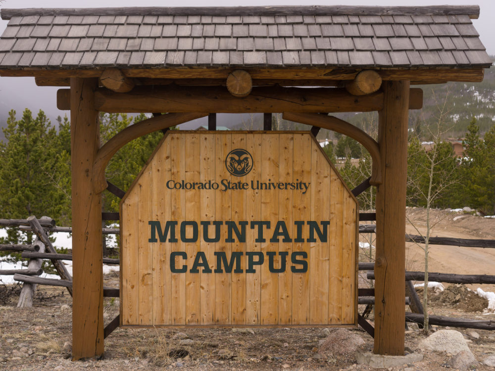 Sign at the entry of Colorado State University's mountain campus in Pingree Park, outside Fort Collins, Colorado