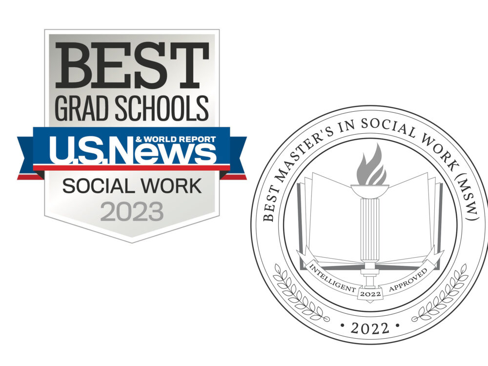 two badges indicating best msw program rankings from u s news and from intelligent dot com