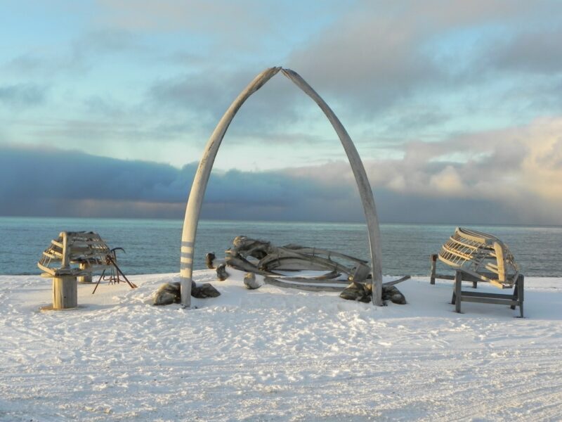 A momument made of canoe frames and whale bones on a white sand beach.