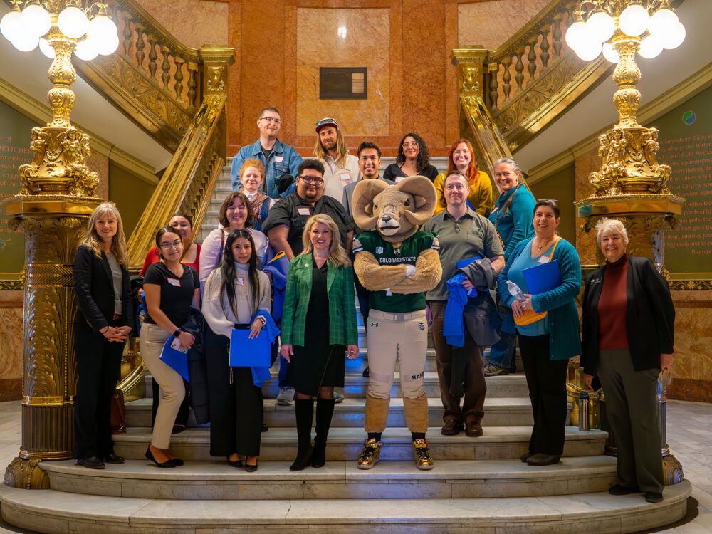 CSU Social Work students and faculty on a large staircase inside the Colorado state Capitol with representatives Kipp and Boesenecker, and CSU president Amy Parsons and Cam the Ram
