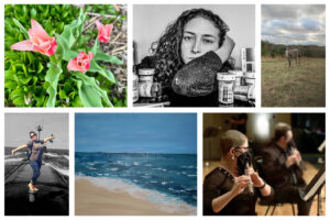 A collage of photos and artwork by young adult cancer survivors. Top row: pink tulips, a black-and-white photo of a person with medication bottles, and a person balancing on one foot on a road. Bottom row: a horse in a field, an ocean painting with crashing waves, and two musicians playing wind instruments indoors.